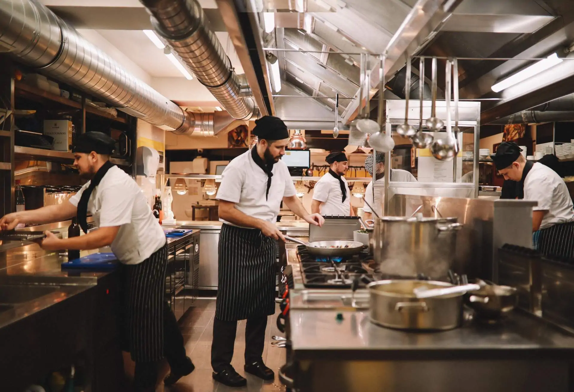 People cooking and working at restaurant jobs in a professional kitchen